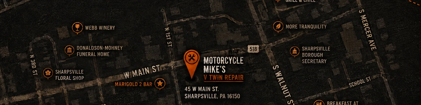 Map showing Motorcycle Mike's V-Twin Repair at 45 West Main Street near Marigold 2 Bar in Sharpsville
